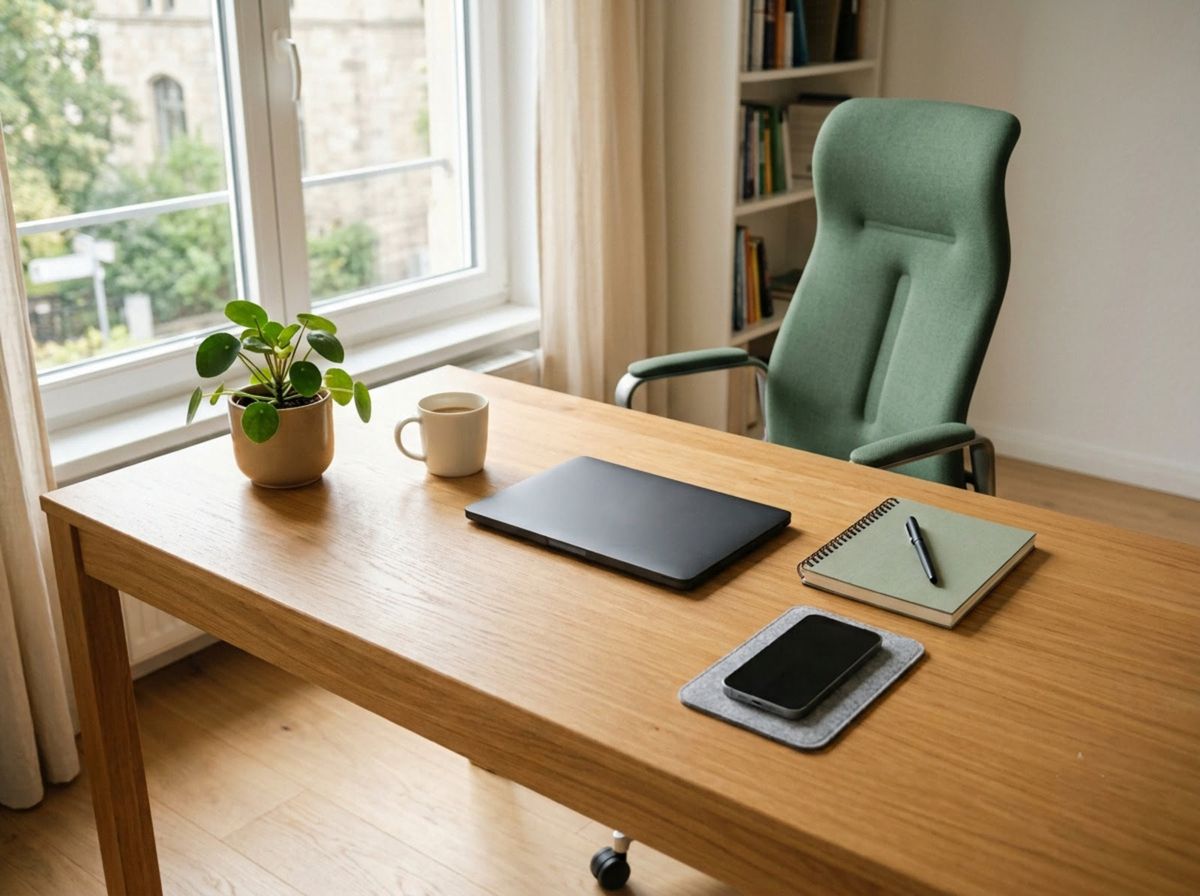 Aufgeräumter, freier Schreibtisch mit Laptop, Notizbuch und Kaffeetasse am Fenster